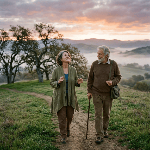 Older couple walking along a countryside trail at sunset