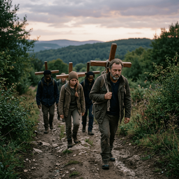 Four people carrying wooden crosses along a rugged mountain trail