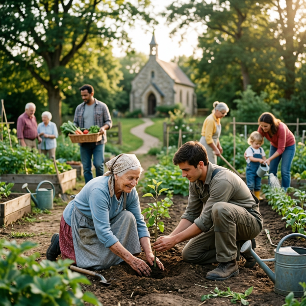 People of different generations planting and tending a community garden