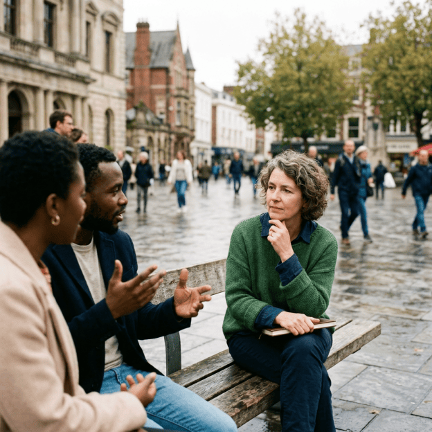 Three people talking on a bench in a busy city square