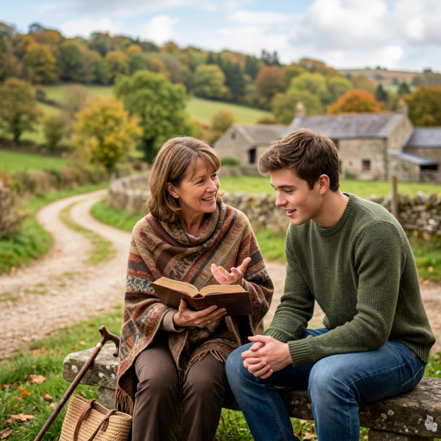 Woman and young man talking beside a rural lane, with an open book