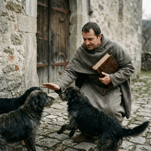 Medieval traveler holding a book and greeting two black dogs