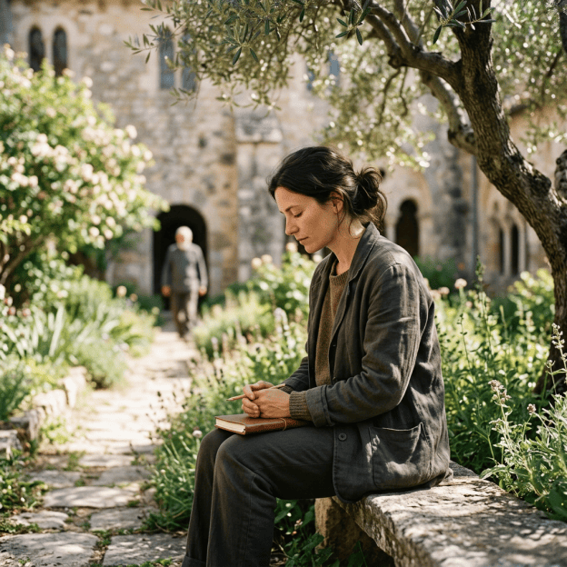 Woman sitting with notebook in a sunlit monastery garden