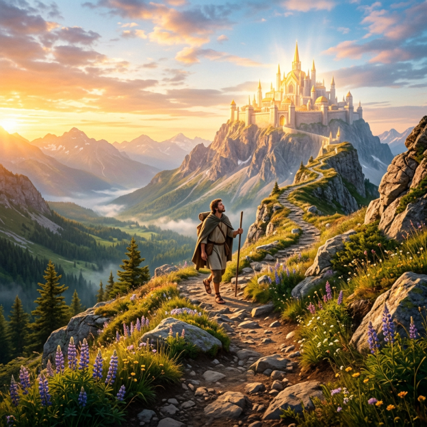 Traveler walking mountain trail toward a castle at sunset