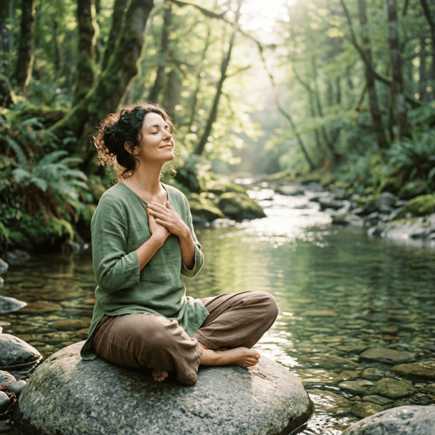 Woman meditating on a rock beside a forest stream