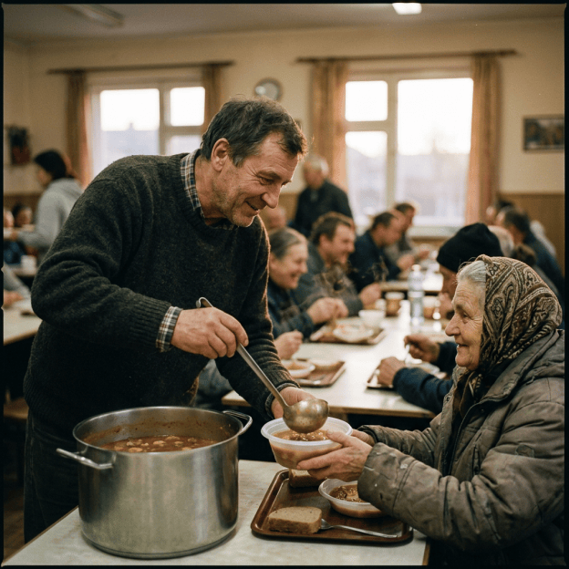 Volunteer ladling soup for an elderly woman in a community dining hall