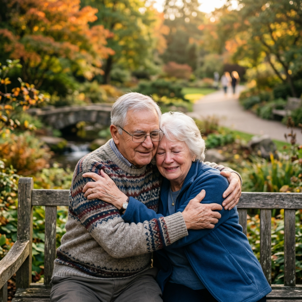 Older couple embracing on a park bench in an autumn garden