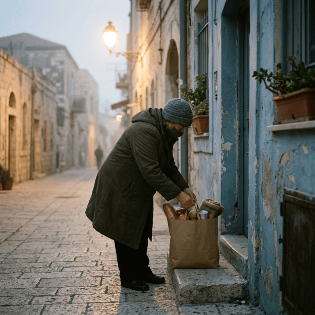 Worker placing groceries beside a weathered blue doorway