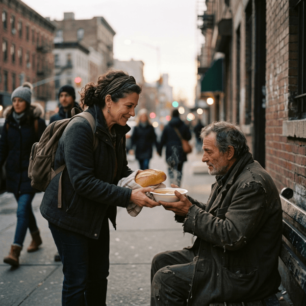 Woman offering soup and bread to a man seated on a city sidewalk