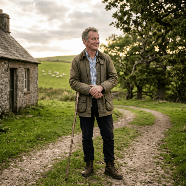 Man standing with walking stick on a rural lane beside stone cottage