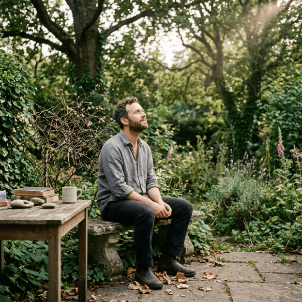 Man sitting on a garden bench beneath trees beside a table