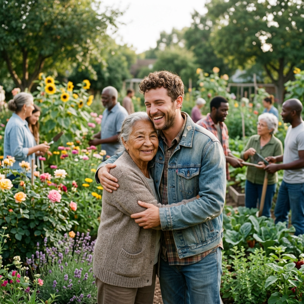 Young man embracing older woman in a community garden