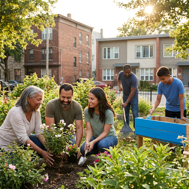 Four neighbors planting flowers and tending a community garden