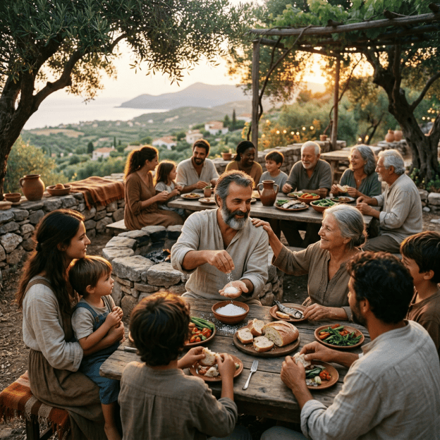 Multigenerational family sharing an outdoor meal overlooking hills at sunset