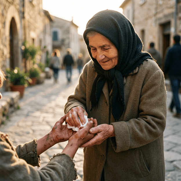 Elderly woman tending an injured person's hand with a white cloth