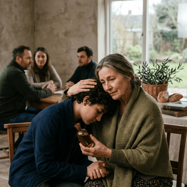 Older woman comforting a young person holding a medicine bottle