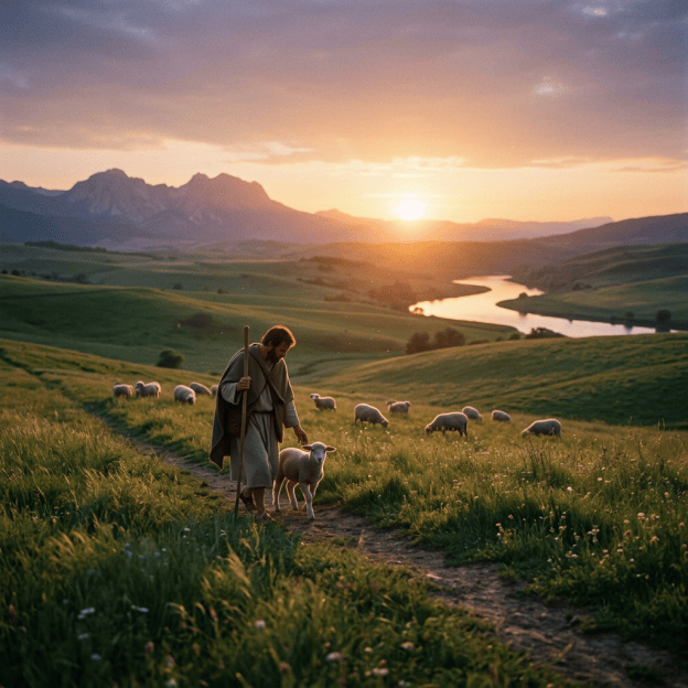 Shepherd walking with a sheep through a mountain meadow at sunset
