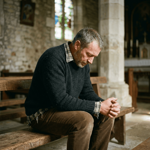 Man sitting with clasped hands on a church pew