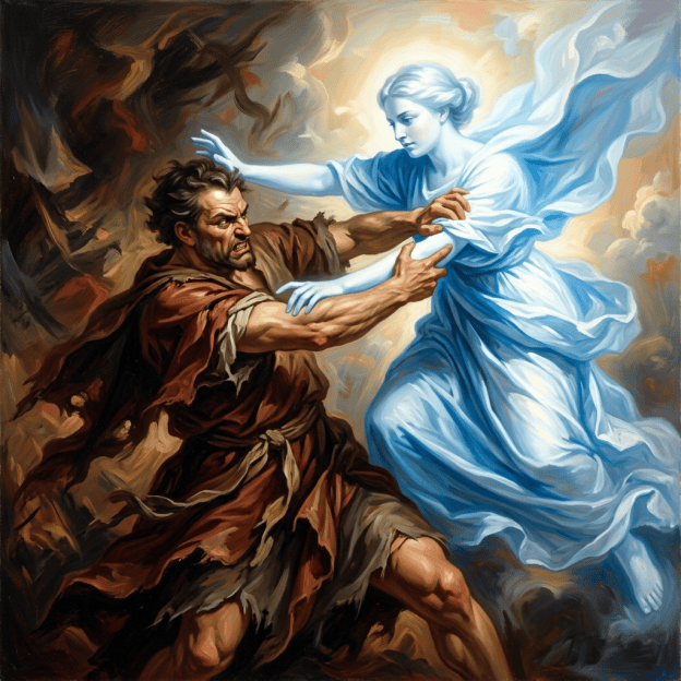 A distressed man reaches toward a luminous blue-robed spirit in a dark landscape