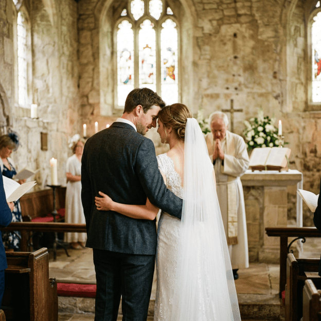 Bride and groom standing before the altar in a stone chapel