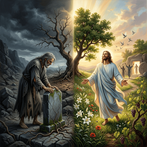 Split scene showing a grieving man in barren darkness and Jesus in a flowering landscape