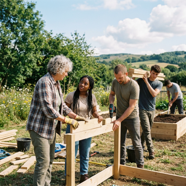 Four volunteers building wooden raised garden beds in a countryside garden