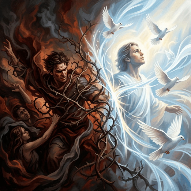 Thorn-bound man in darkness faces luminous figure surrounded by doves