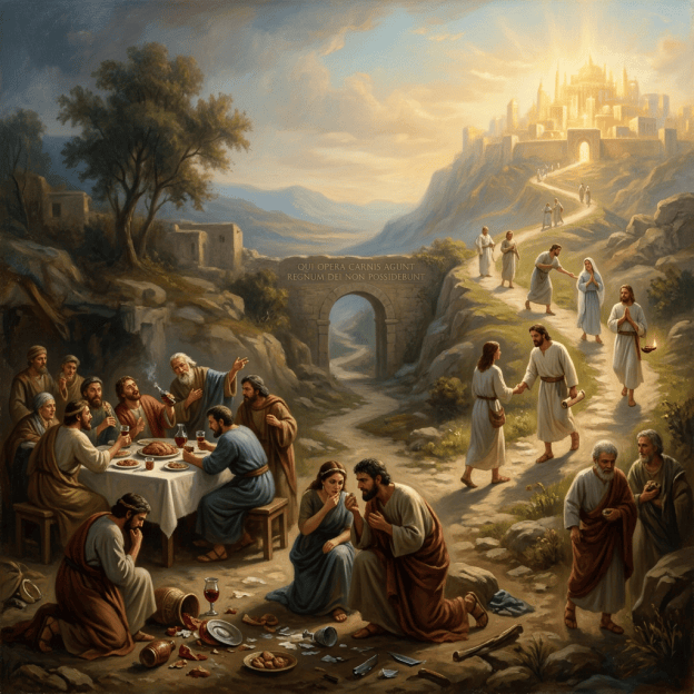 Biblical scene contrasting feasting and temptation with people ascending toward a radiant city; text reads “QUI OPERA CARNIS AGUNT REGNUM DEI NON POSSIDEBUNT.”