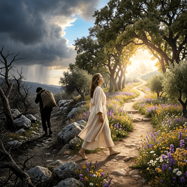 Woman walking toward a sunlit flower-lined path beside a stormy landscape