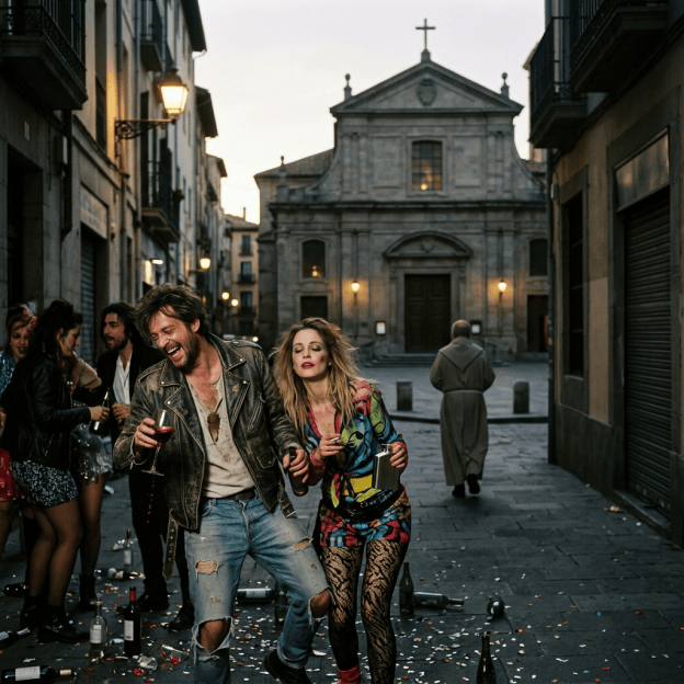 Partygoers walking past a historic church on a bottle-strewn street