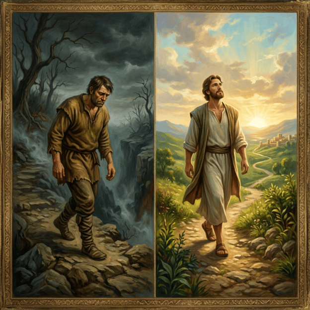 Split painting showing a troubled man in darkness and hopeful man in sunlight