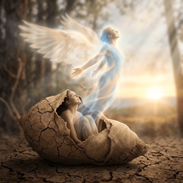 A woman emerges from a cracked shell beneath a glowing winged spirit
