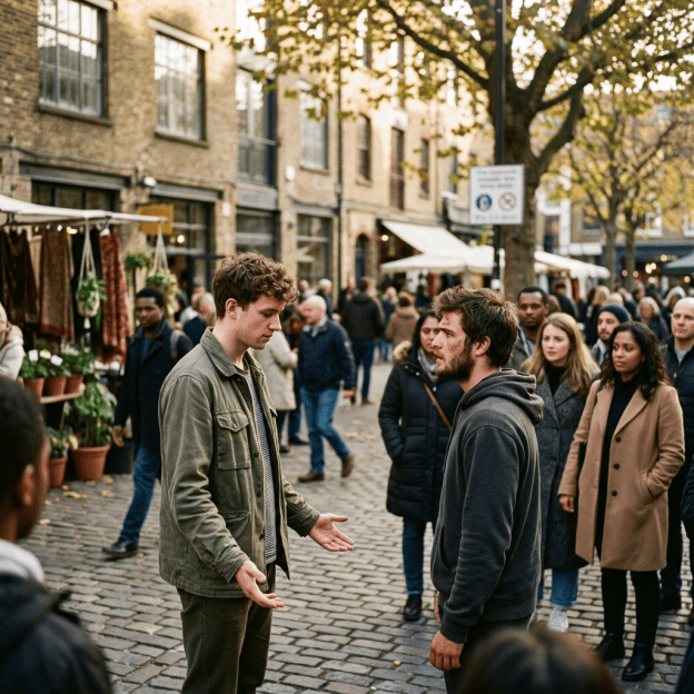Two men converse in a busy outdoor market on a cobblestone street