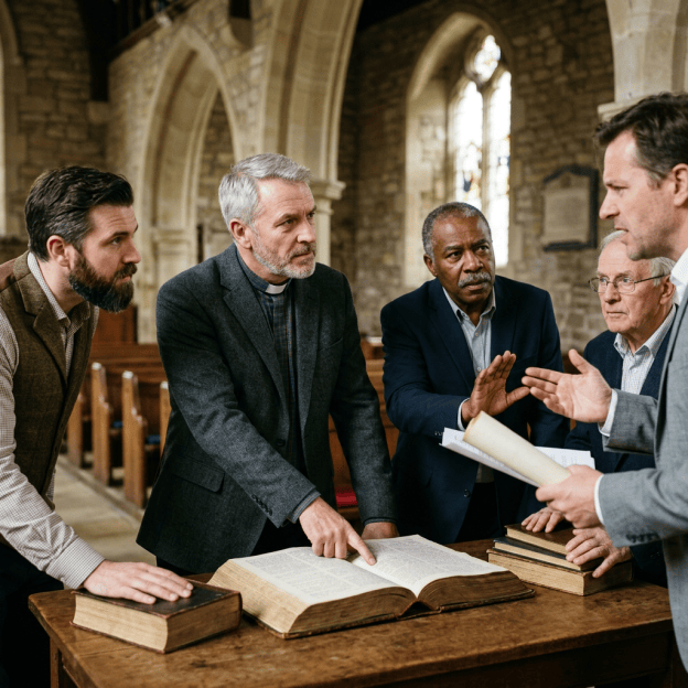 Five men discussing open Bibles around a table inside a church