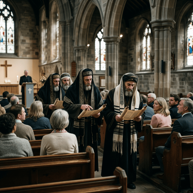 Three robed religious leaders hold scrolls inside a crowded church.