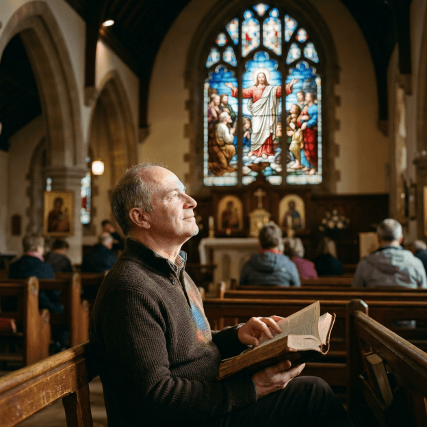 Man reading an open Bible inside a church beneath stained glass