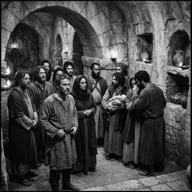 Group of robed people gathered in a candlelit stone chamber