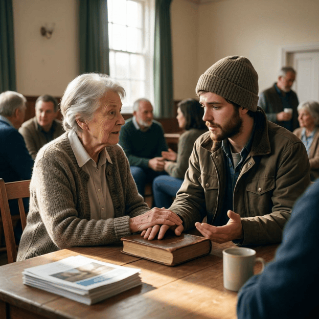 Older woman and younger man talking together at a community table