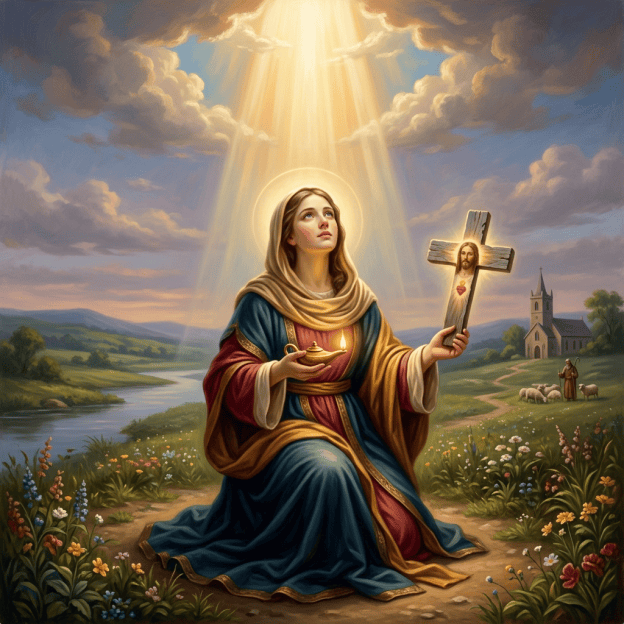 Haloed woman holding a lamp and cross in a flower-filled countryside