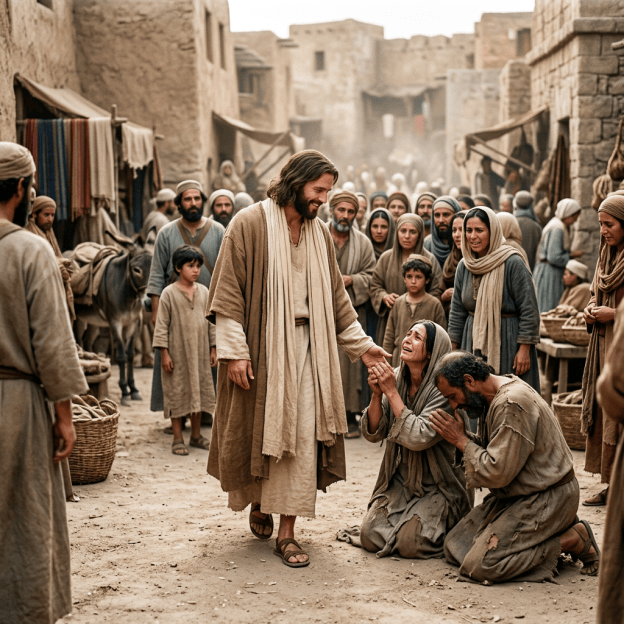 Man reaching toward kneeling people in a crowded ancient marketplace