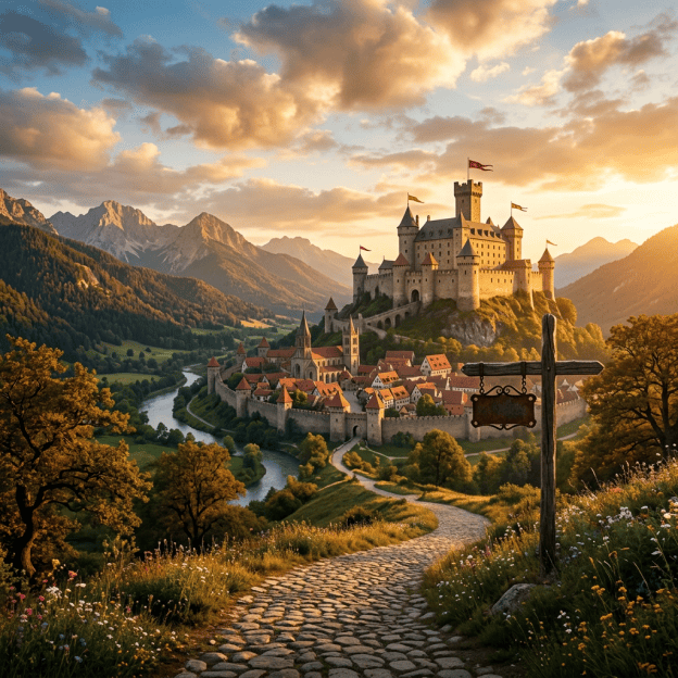 Medieval castle overlooking a riverside village and mountain valley