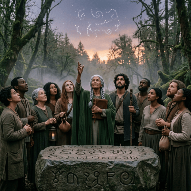 Diverse group gathered around an inscribed stone beneath glowing symbols