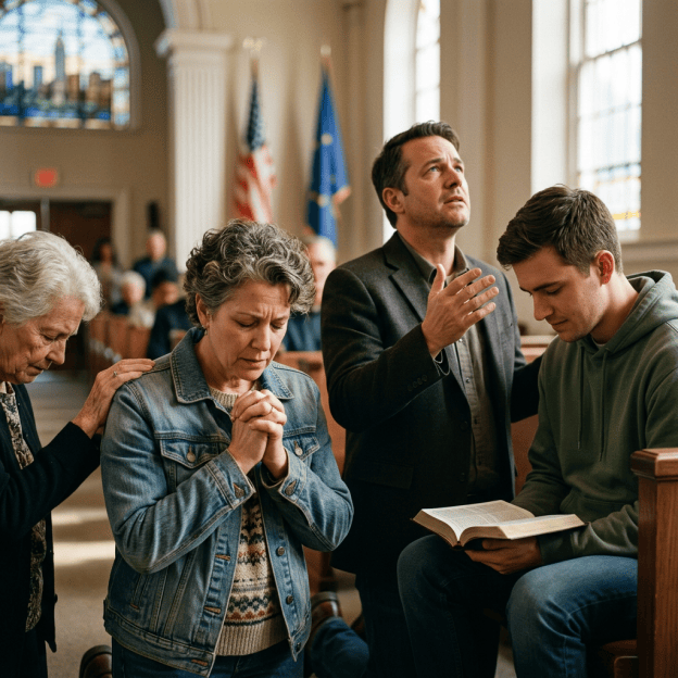 People kneel and pray during a church service beside an open Bible
