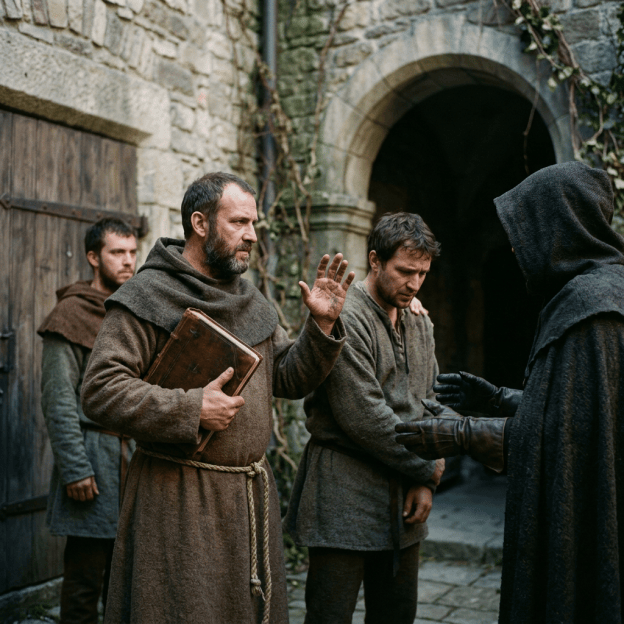 Medievally dressed men confronting a hooded figure outside a stone archway