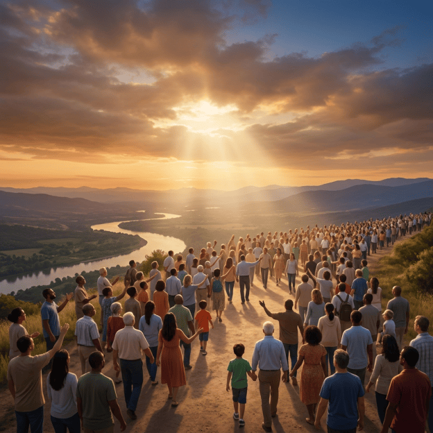 Diverse crowd walking along a mountain path toward a golden sunset