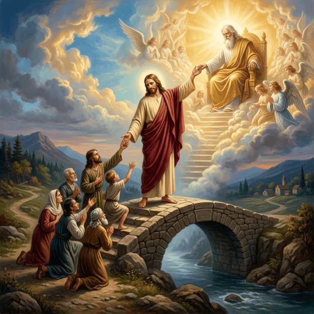 Jesus leads followers toward God and angels above a mountain river