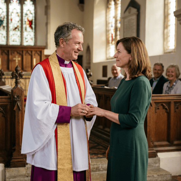 Minister holding a woman's hands inside a church during a ceremony