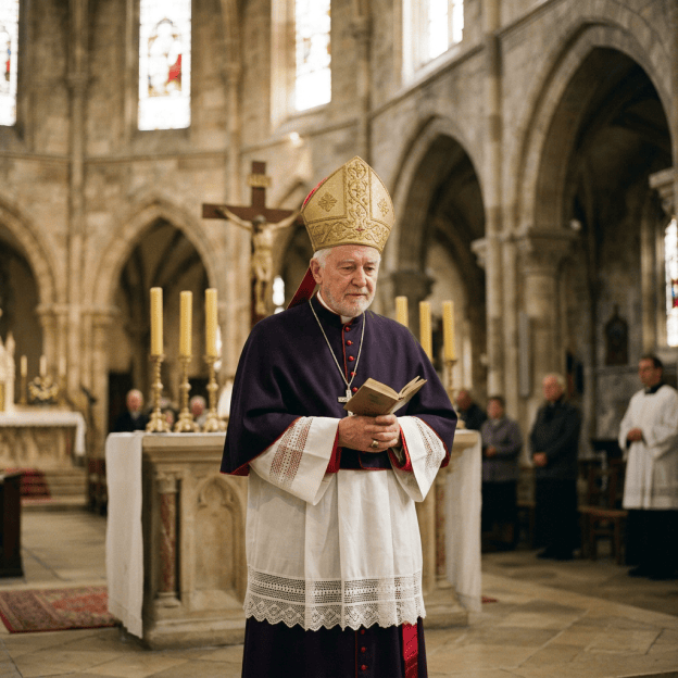 Bishop in ceremonial vestments holding a prayer book in a cathedral