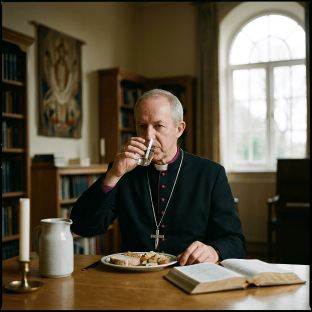 Clergyman drinking at a table beside an open Bible