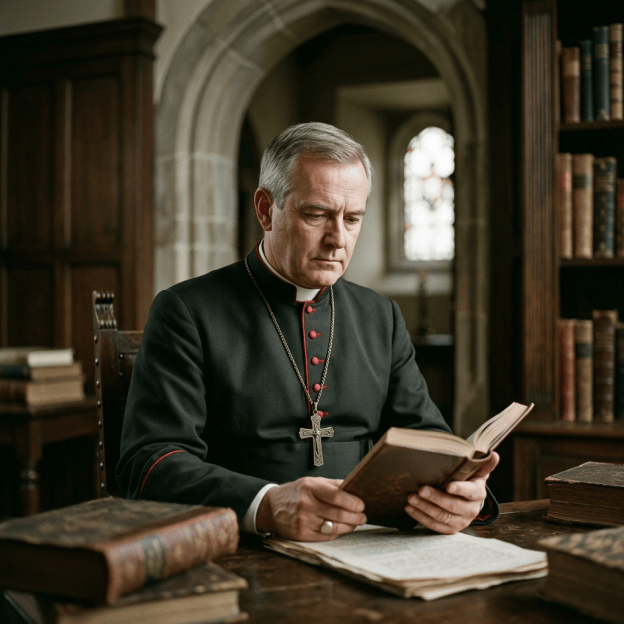 Clergyman in black vestments reading an open book in a library